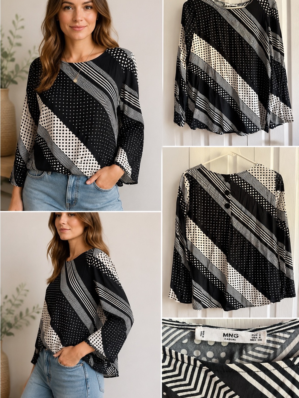 MNG Mango Casual Black & White Mixed Print Long Sleeve Blouse Size S